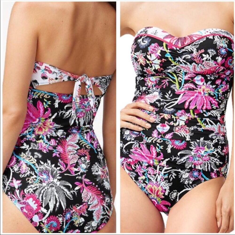 🆕 NEW Tommy Bahama Black Pink Floral Tropical One Piece Swimsuit Cutout Ruching